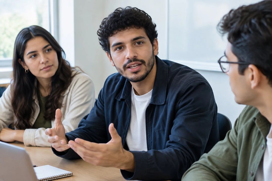 Participante falando em pé enquanto o restante da turma acompanha sentado