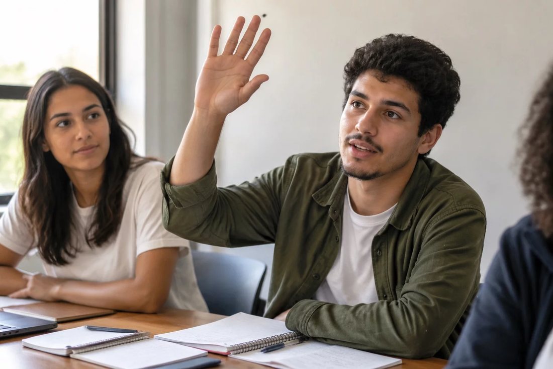 Facilitador em pé apontando para um argumento escrito no quadro durante a sessão